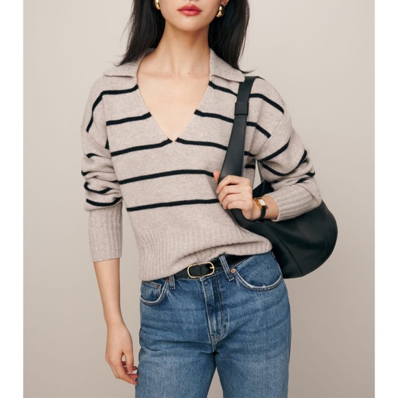 NEW Reformation Beckie Cashmere Collared Sweater Barley with Black Stripe Small - Picture 12 of 17